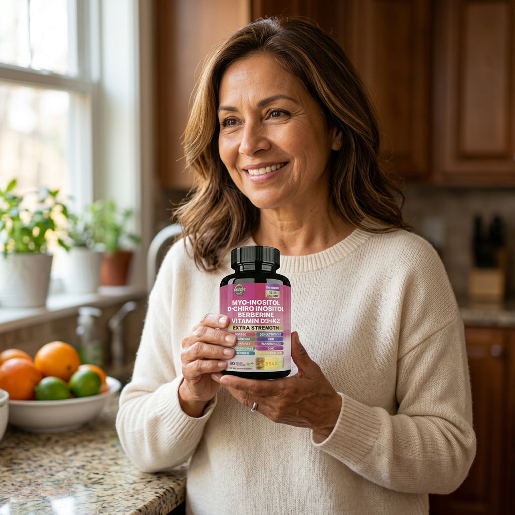 Patricia segurando o frasco de Myo-Inositol